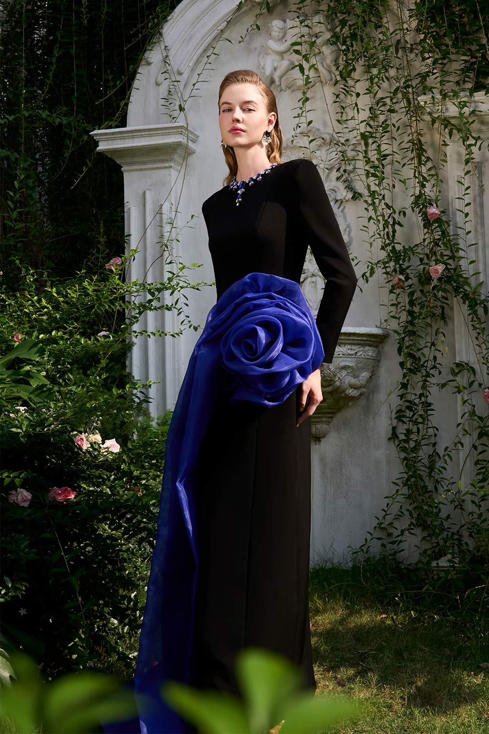 Azalea Sheath Floral Organza Crepe Floor Length Dress