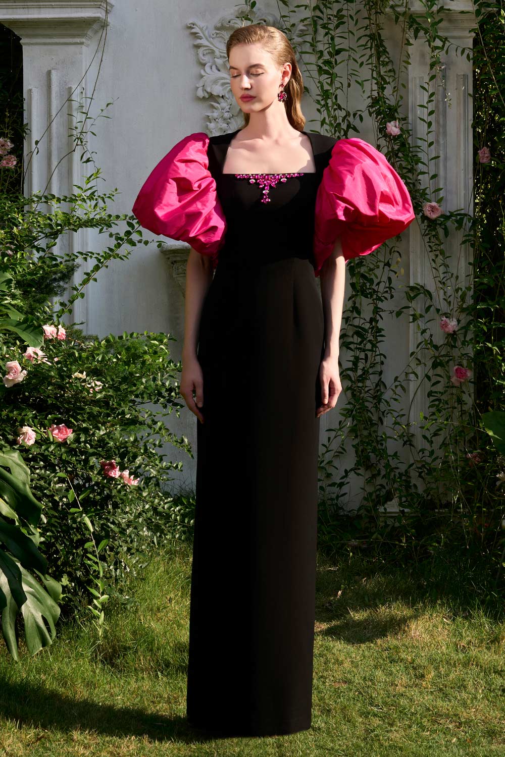 Rosemary Sheath Bubble Sleeved Crepe Floor Length Dress