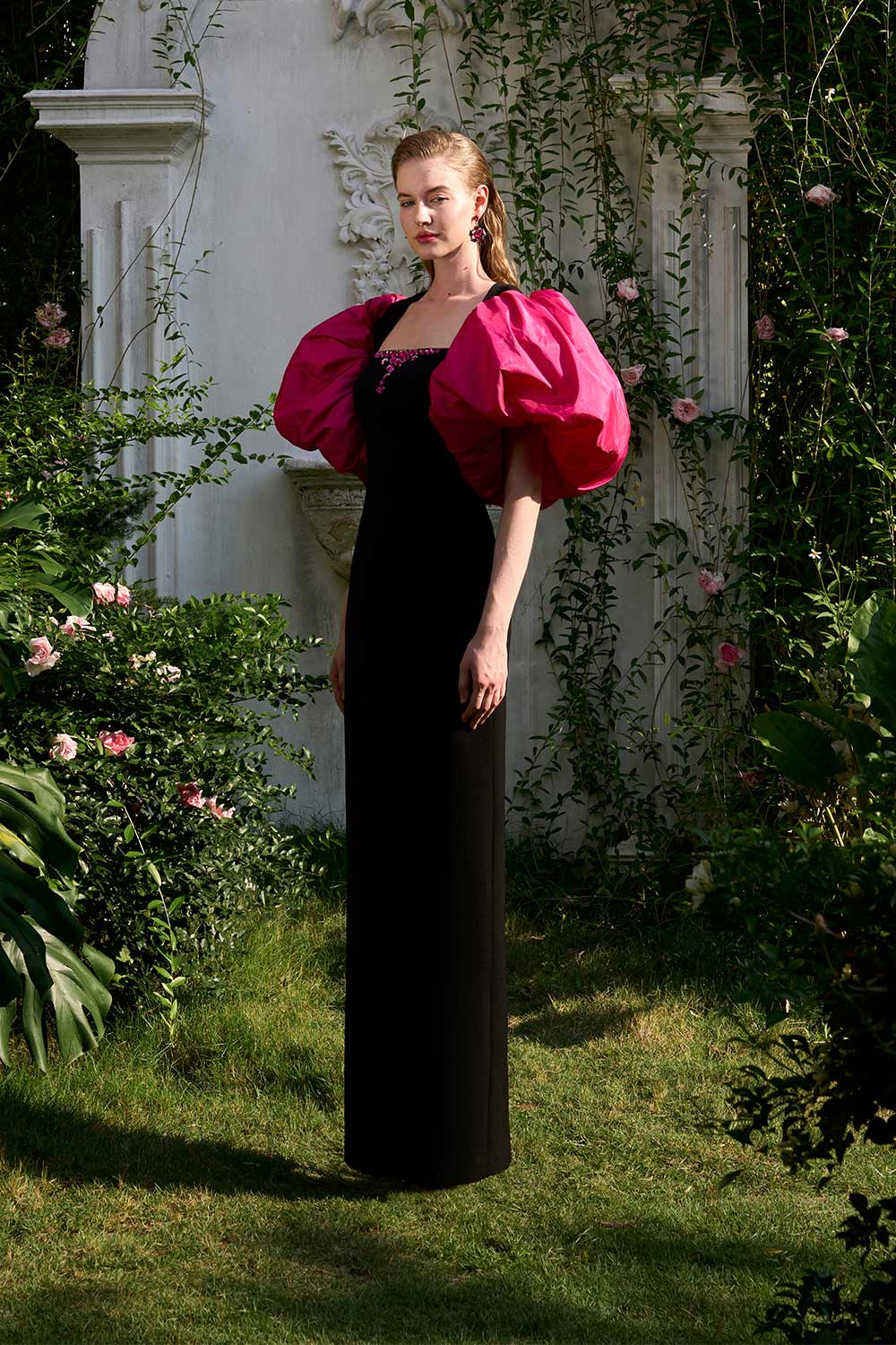 Rosemary Sheath Bubble Sleeved Crepe Floor Length Dress