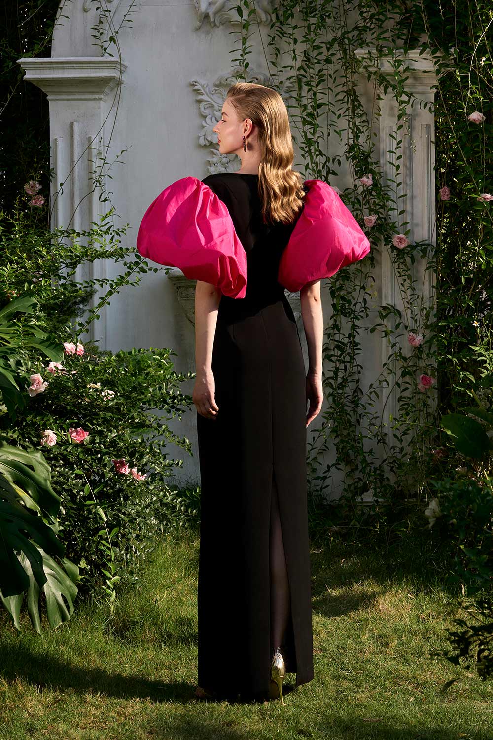 Rosemary Sheath Bubble Sleeved Crepe Floor Length Dress