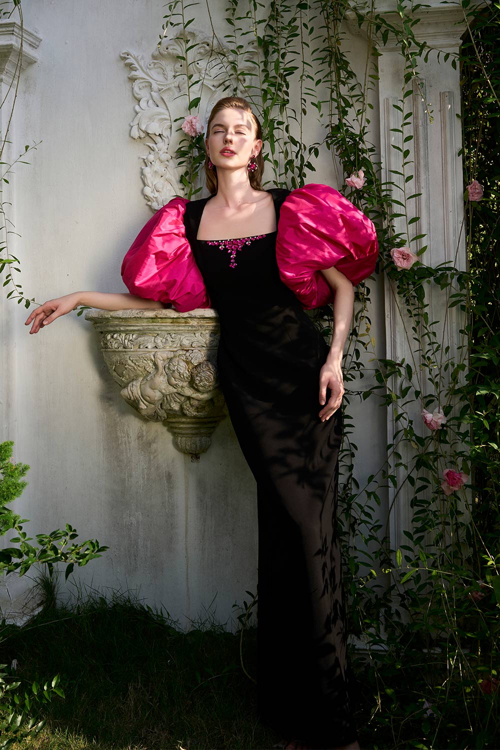 Rosemary Sheath Bubble Sleeved Crepe Floor Length Dress