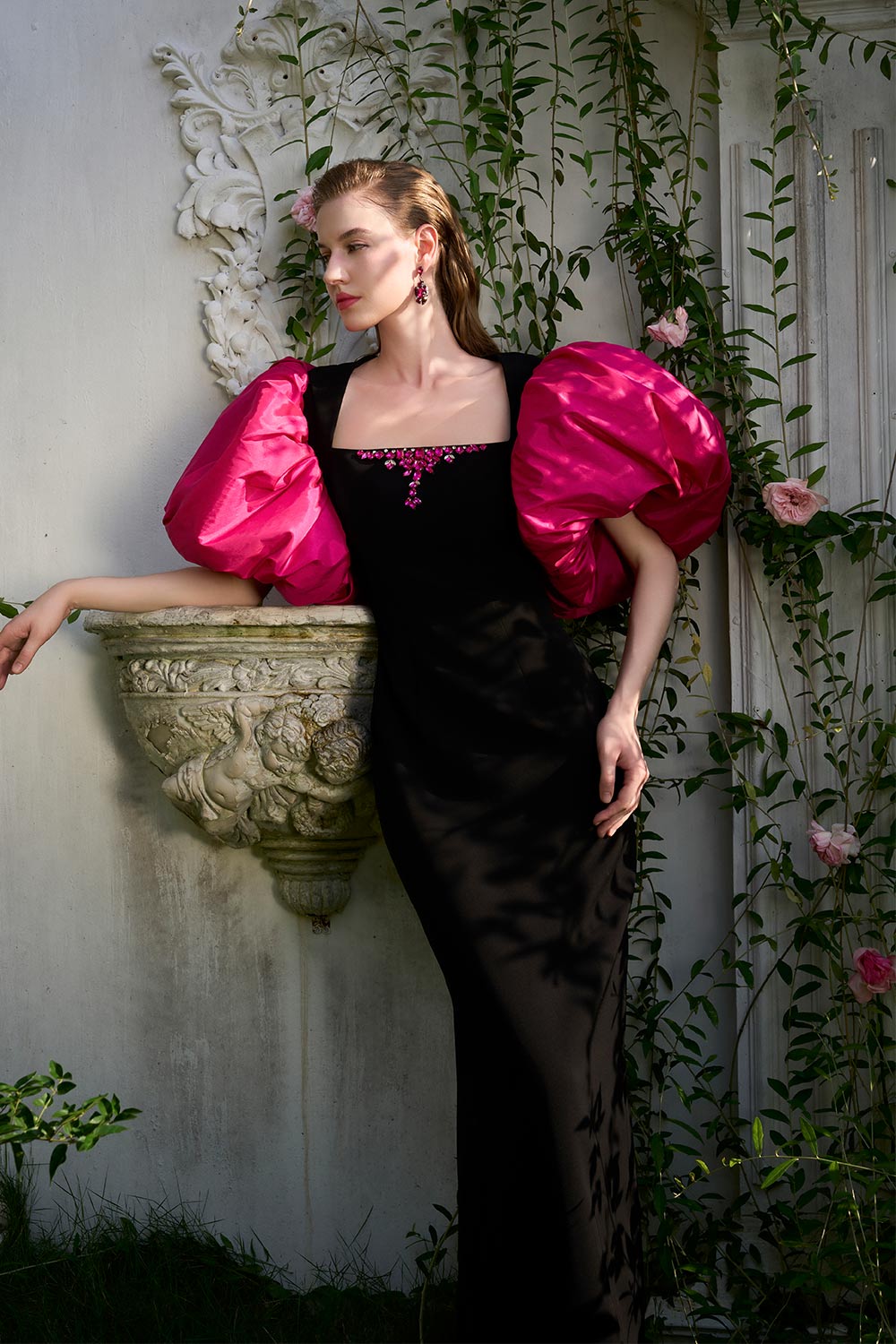 Rosemary Sheath Bubble Sleeved Crepe Floor Length Dress