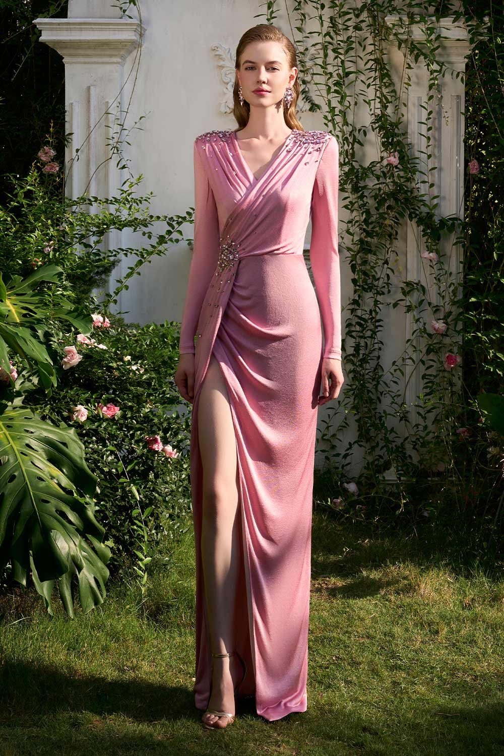 Freya Wrap V-Neck Jersey Floor Length Dress