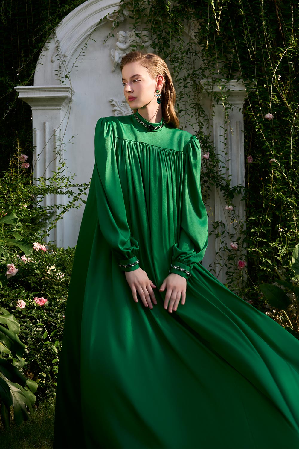 Yareli Flared Gathered Silk Floor Length Dress