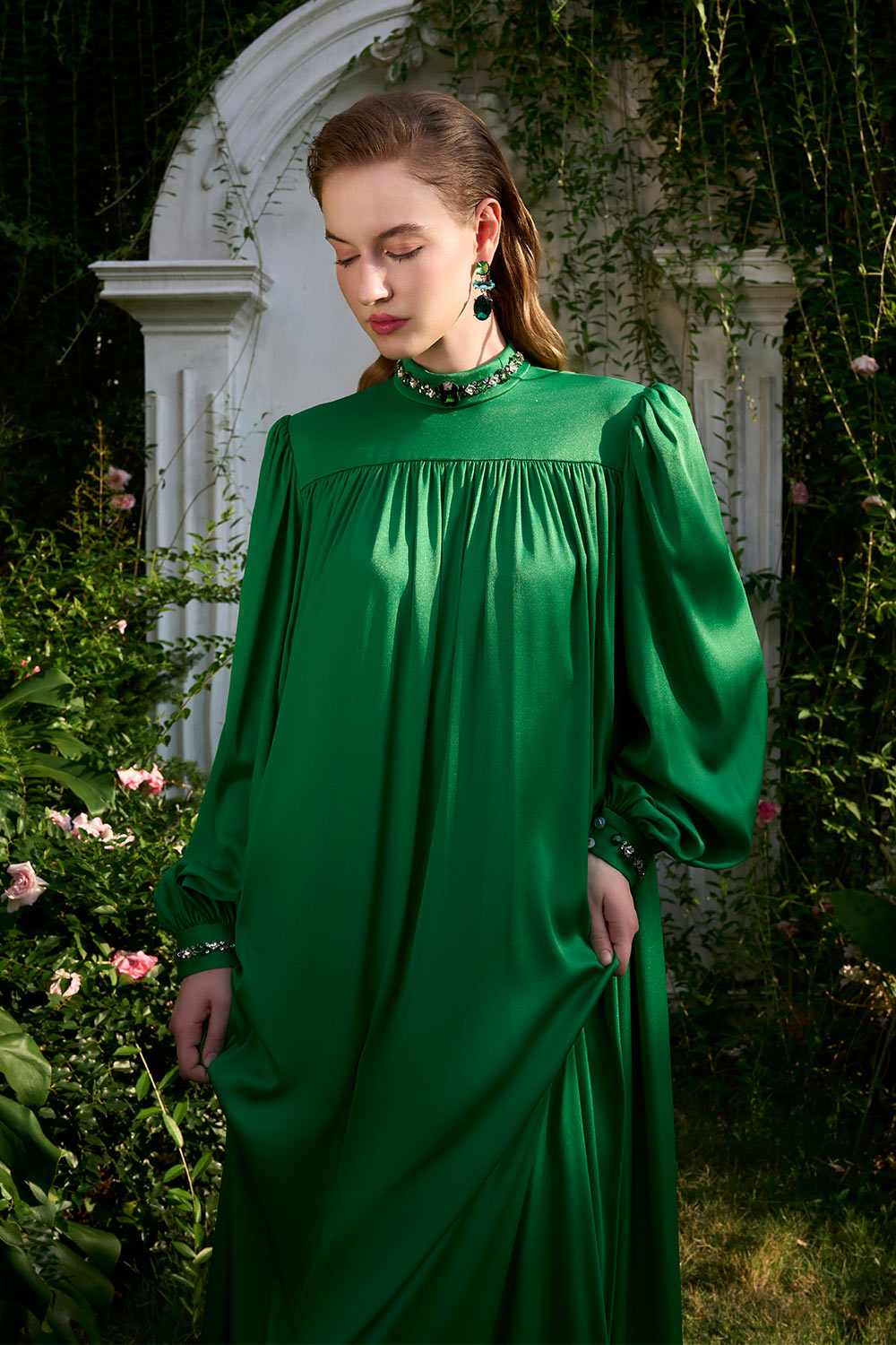 Yareli Flared Gathered Silk Floor Length Dress