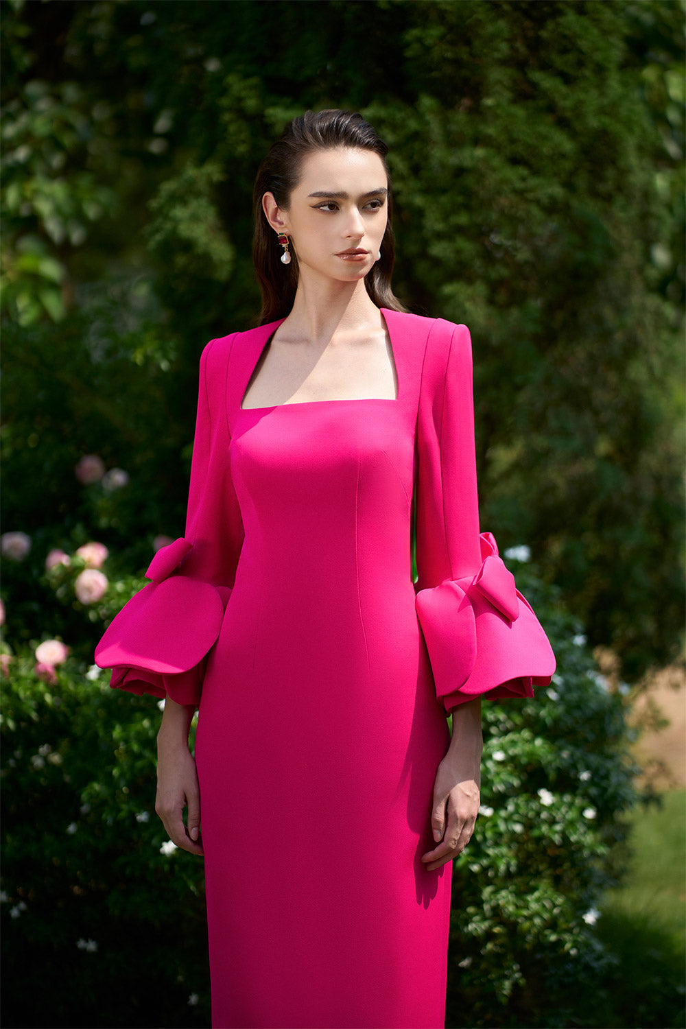 Maisie Sheath Flute Sleeved Crepe Floor Length Dress
