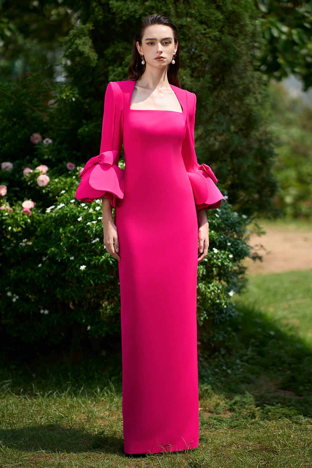 Maisie Sheath Flute Sleeved Crepe Floor Length Dress