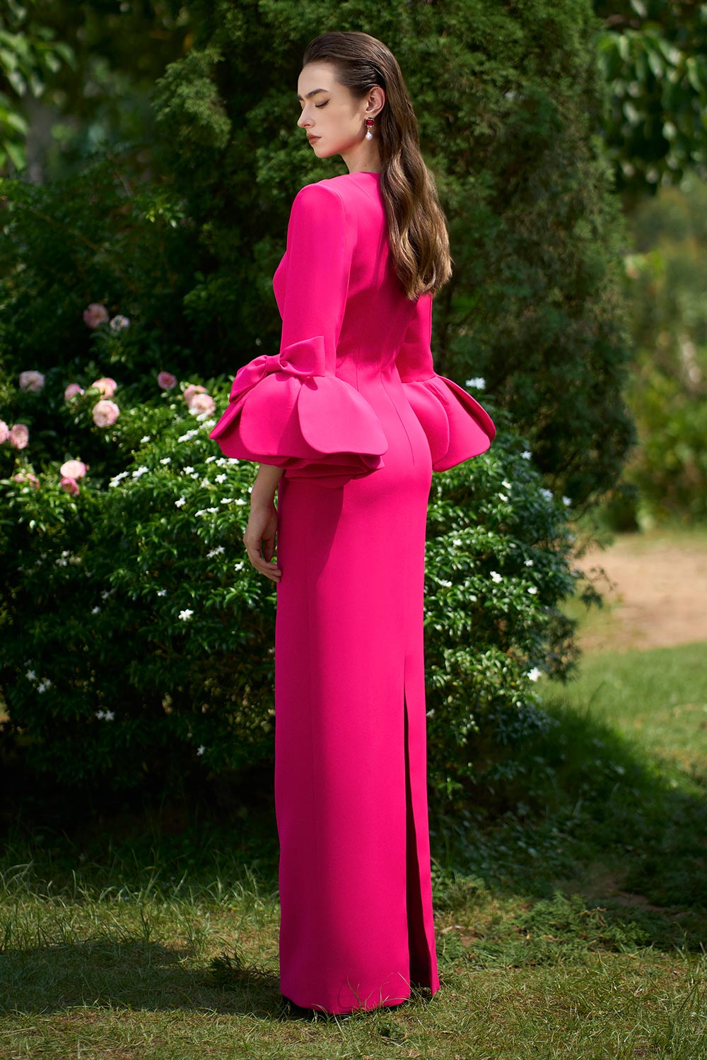 Maisie Sheath Flute Sleeved Crepe Floor Length Dress