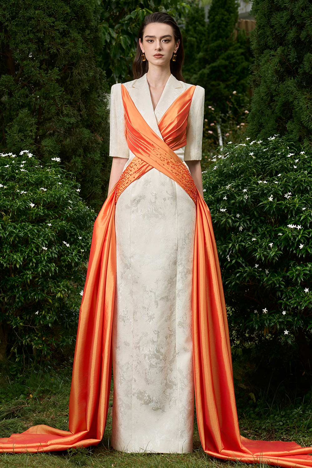 Piper Crossover Symmetric Flap Brocade Extra Long Length Dress