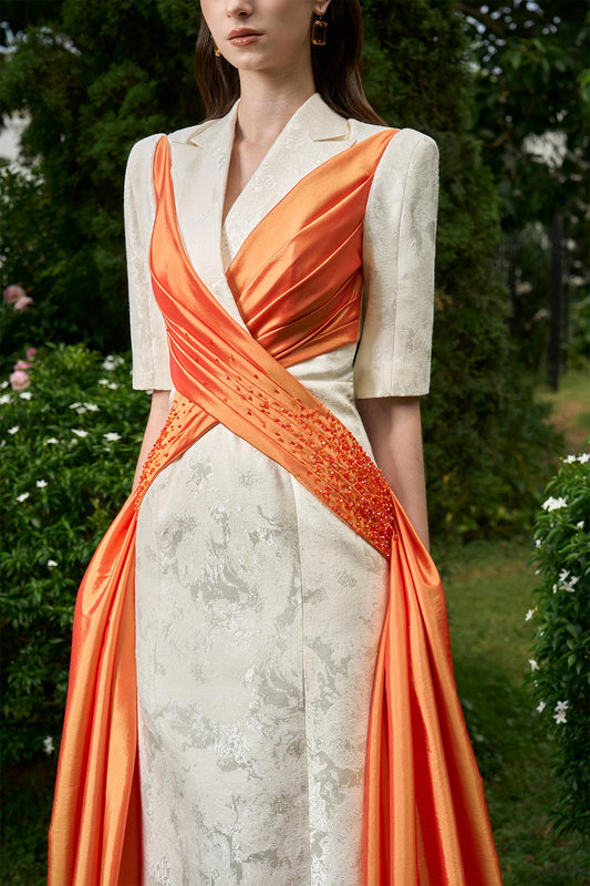 Piper Crossover Symmetric Flap Brocade Extra Long Length Dress