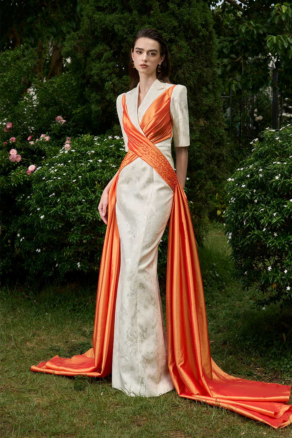 Piper Crossover Symmetric Flap Brocade Extra Long Length Dress