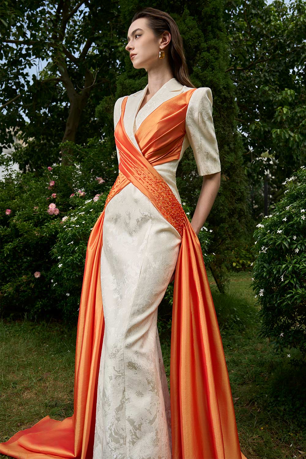 Piper Crossover Symmetric Flap Brocade Extra Long Length Dress