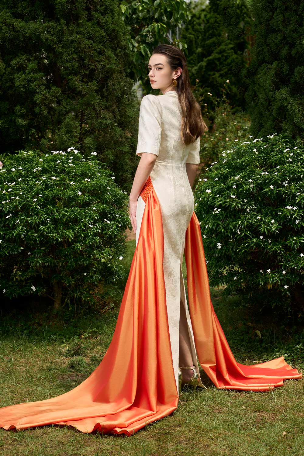 Piper Crossover Symmetric Flap Brocade Extra Long Length Dress