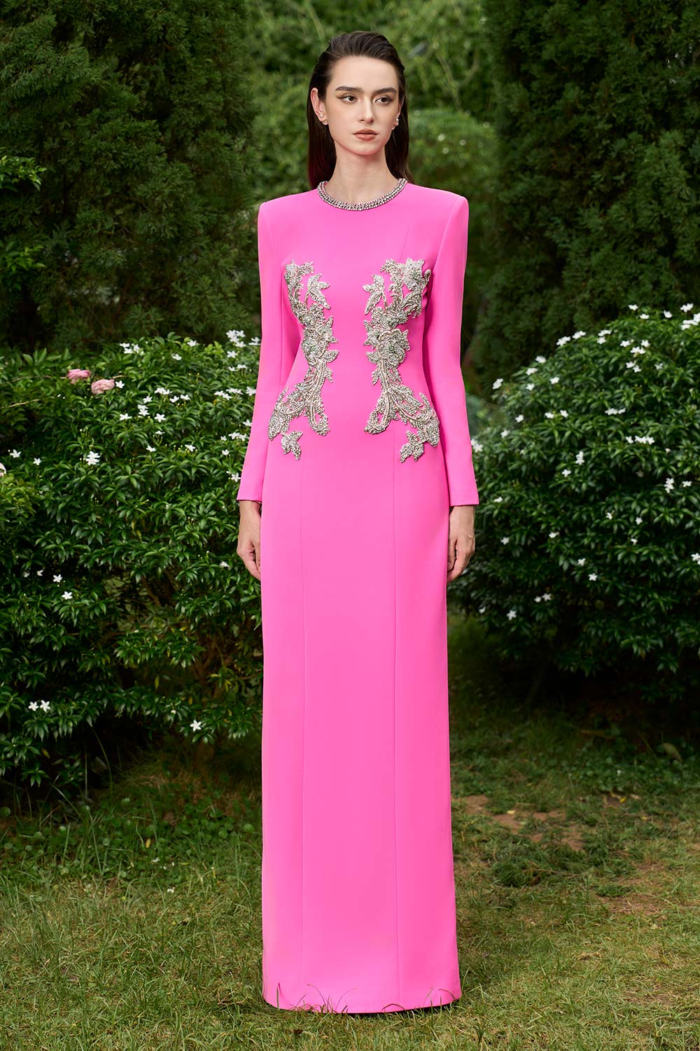 Joy Sheath Jewel Neck Crepe Floor Length Dress