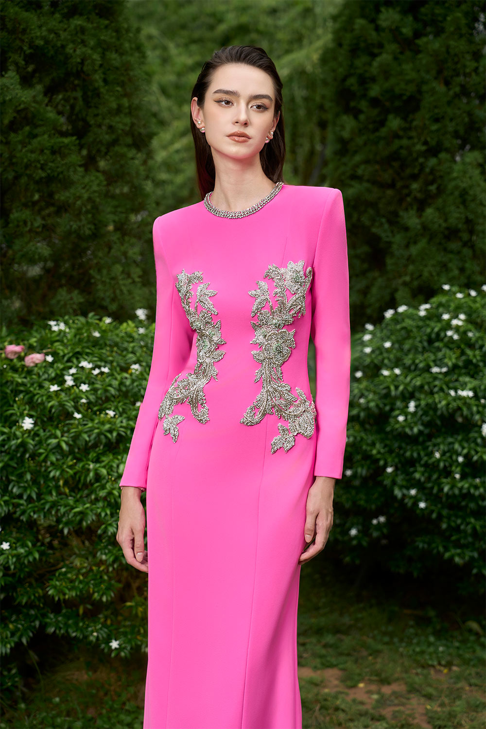 pink jewel dress Tulle Jewel Detachable Train Pink Floor-length A-line Evening Dress