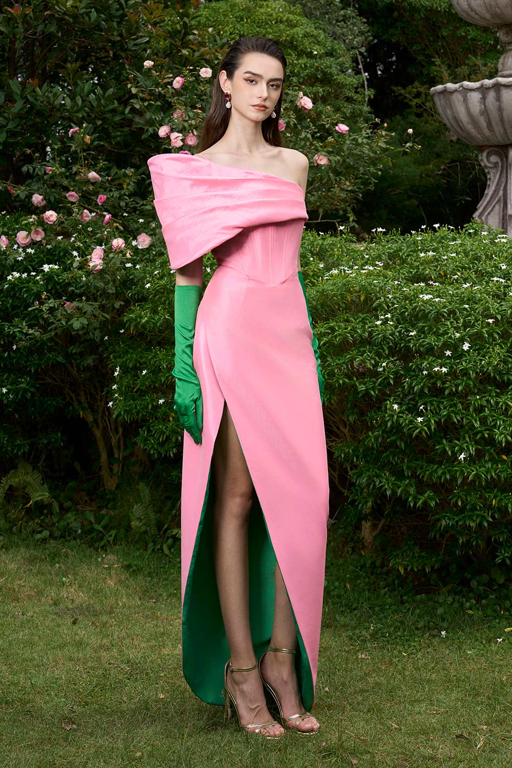 Sloane Wrap Asymmetric Taffeta Floor Length Dress