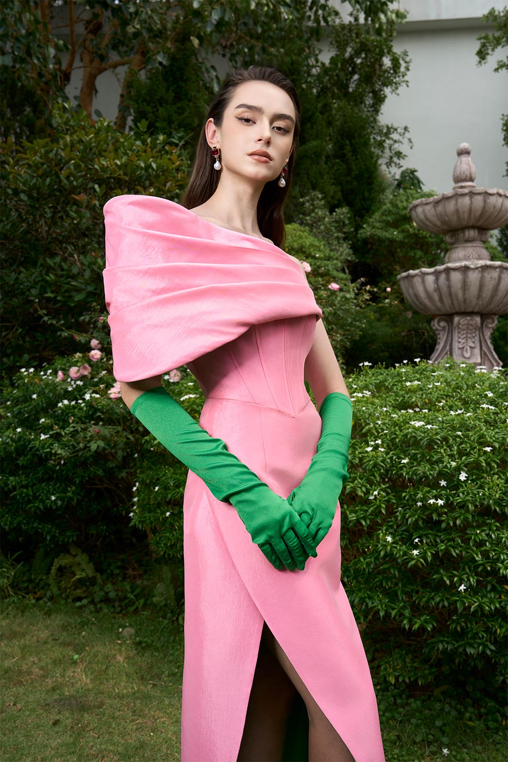 Sloane Wrap Asymmetric Taffeta Floor Length Dress