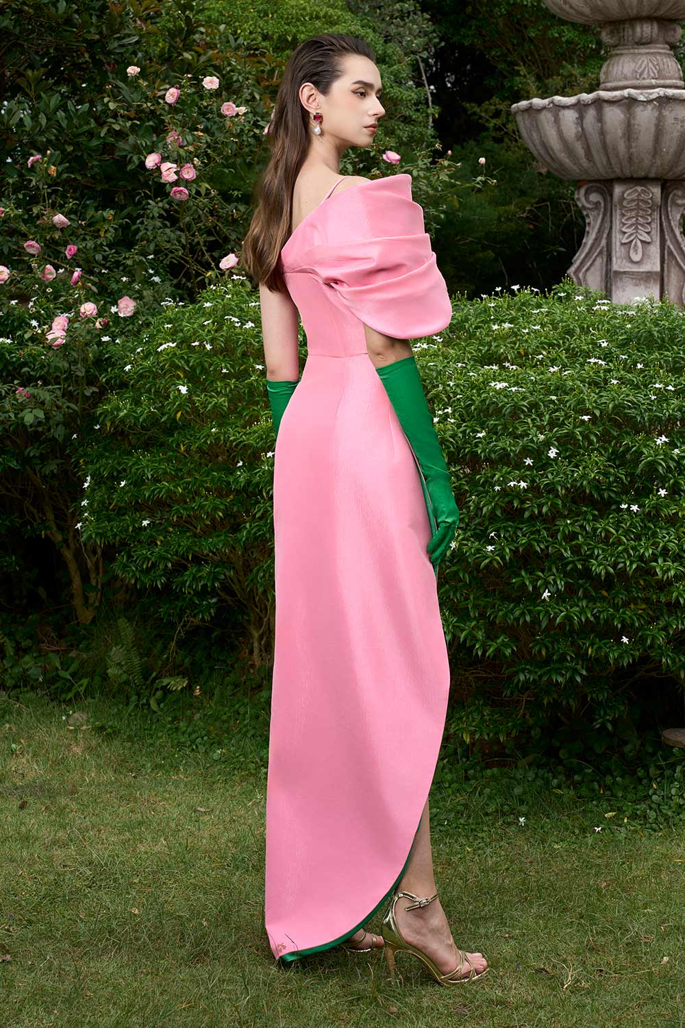 Sloane Wrap Asymmetric Taffeta Floor Length Dress