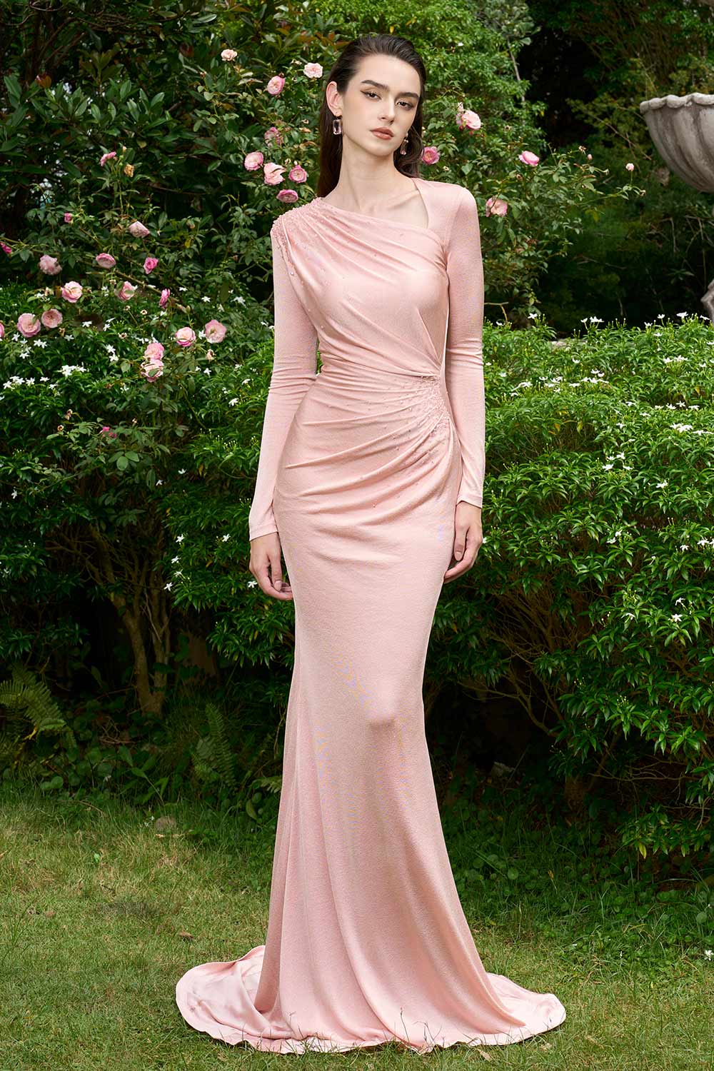 Alaina Mermaid Diagonal Neck Jersey Extra Long Length Dress