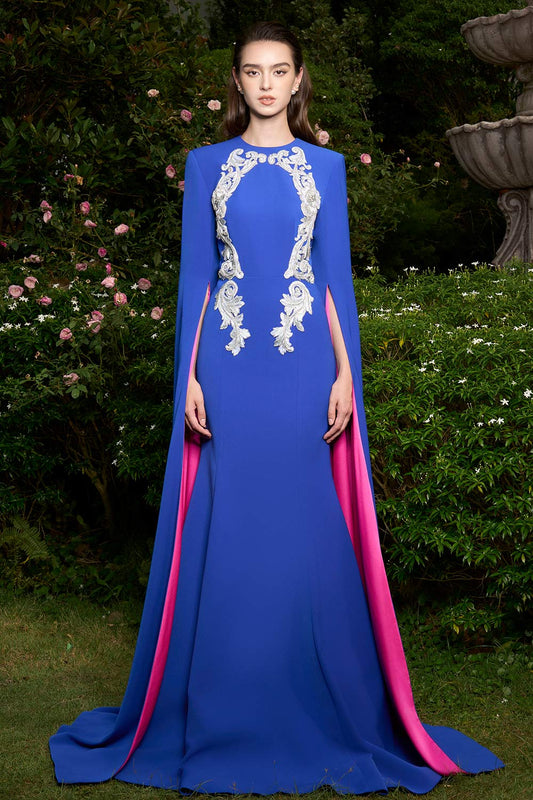 Ashlynn Mermaid Hanging Sleeved Silk Crepe Extra Long Length Dress