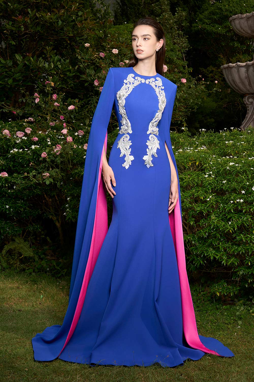 Ashlynn Mermaid Hanging Sleeved Silk Crepe Extra Long Length Dress