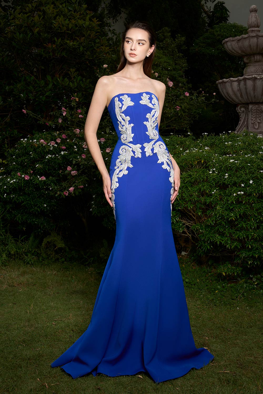 Brooke Mermaid Straight Across Neck Crepe Floor Length Dress