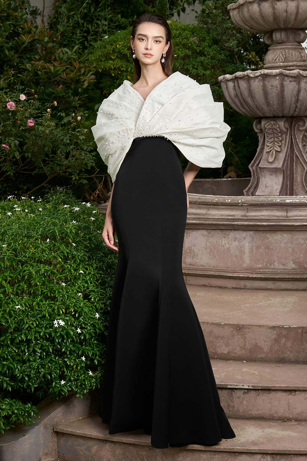 Melina Mermaid Draped Crepe Floor Length Dress