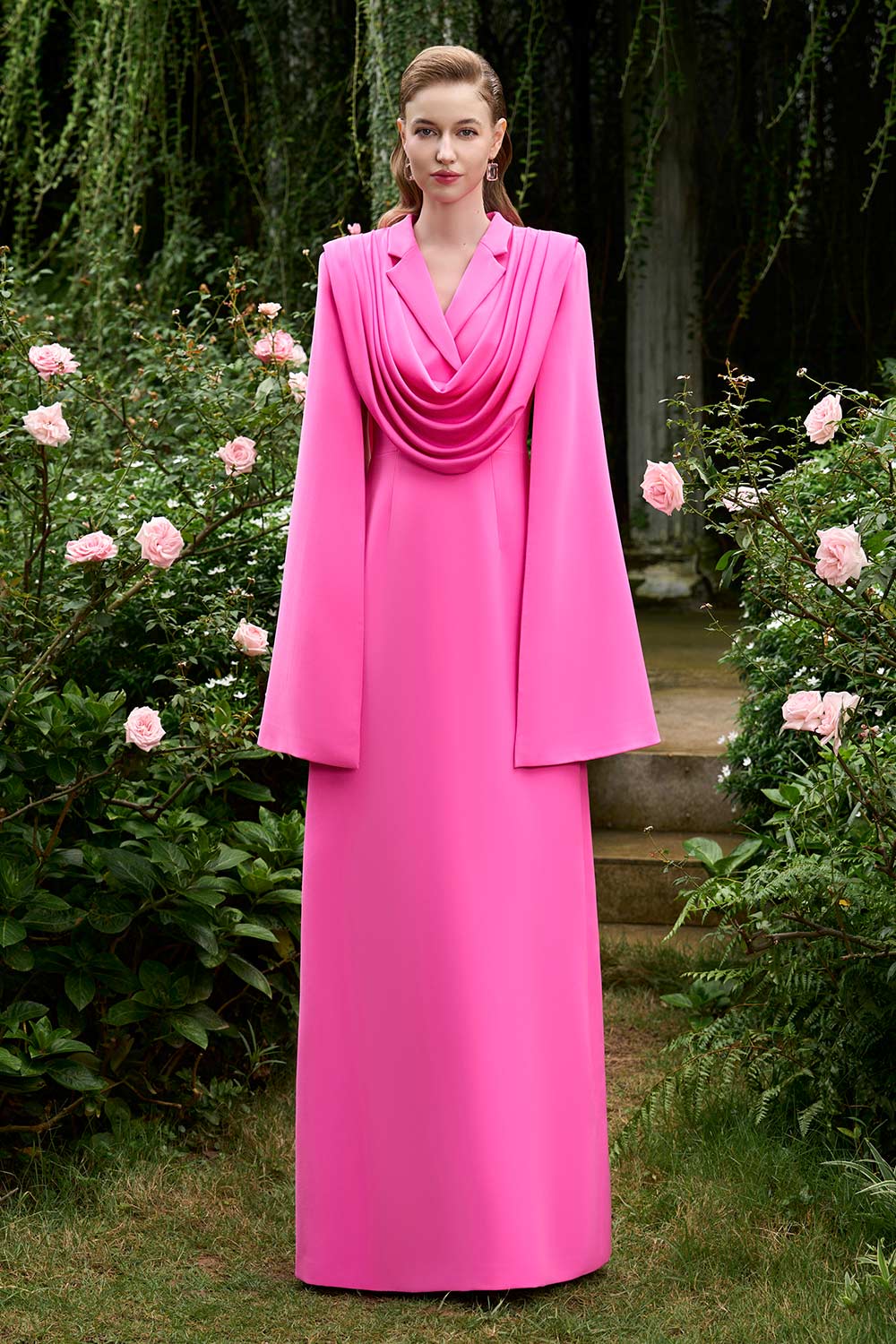 Margaret A-line Notch Lapel Silk Crepe Floor Length Dress