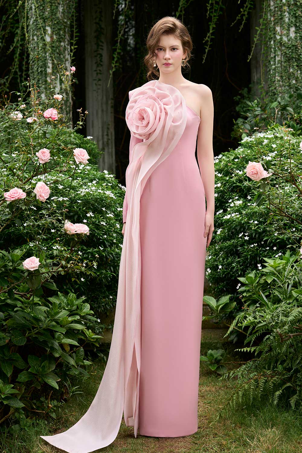 Micah Sheath Flower Applique Silk Crepe Floor Length Dress