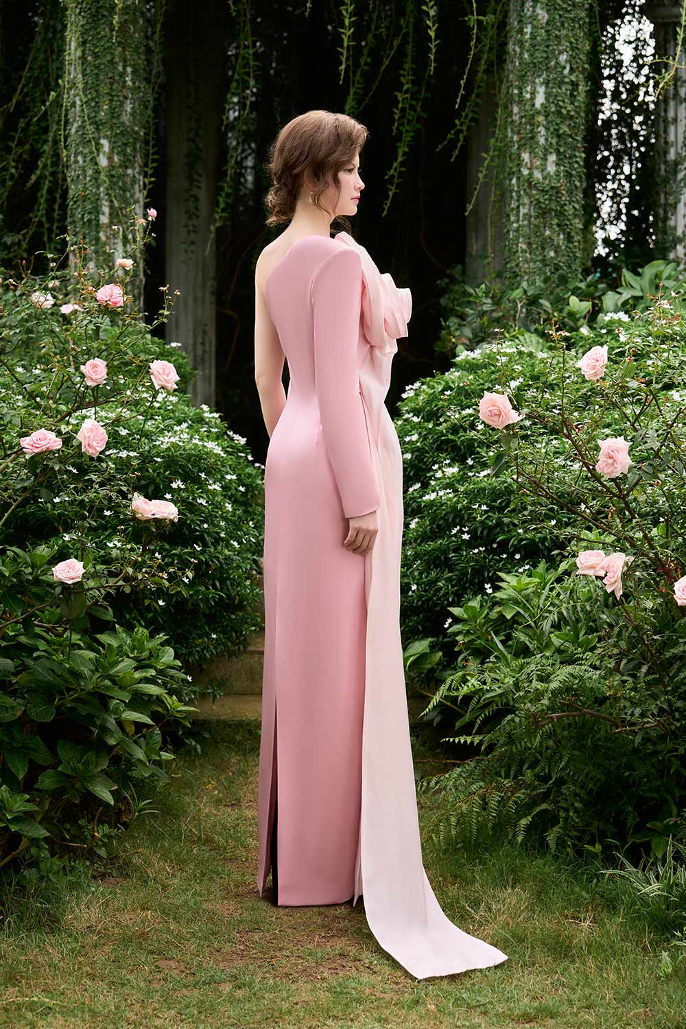 Micah Sheath Flower Applique Silk Crepe Floor Length Dress