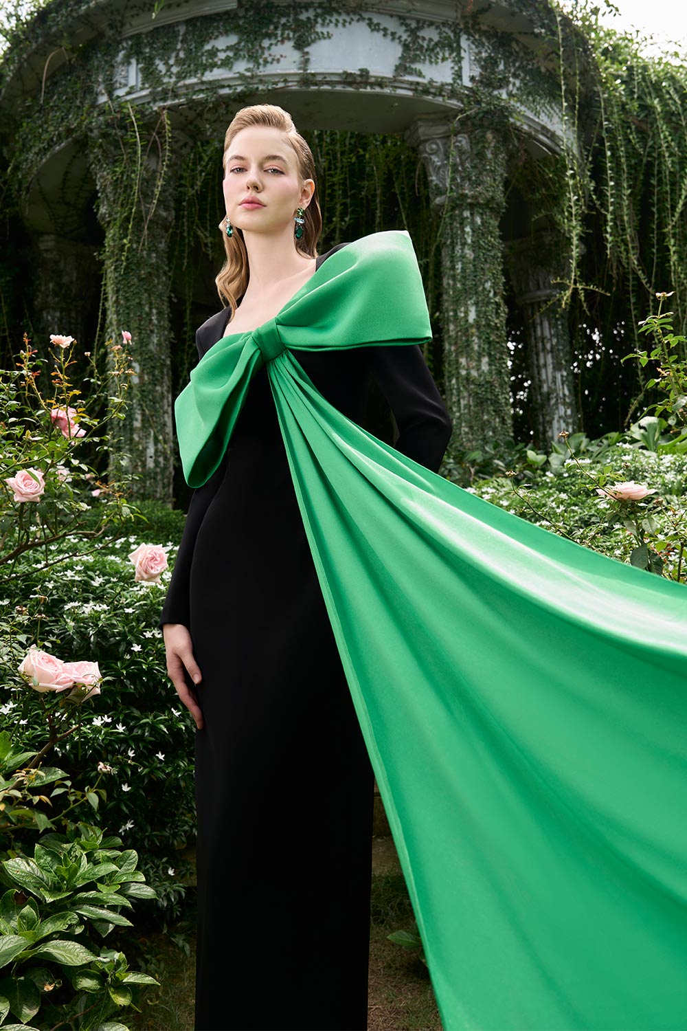 Khloe Sheath Bow Silk Crepe Floor Length Dress