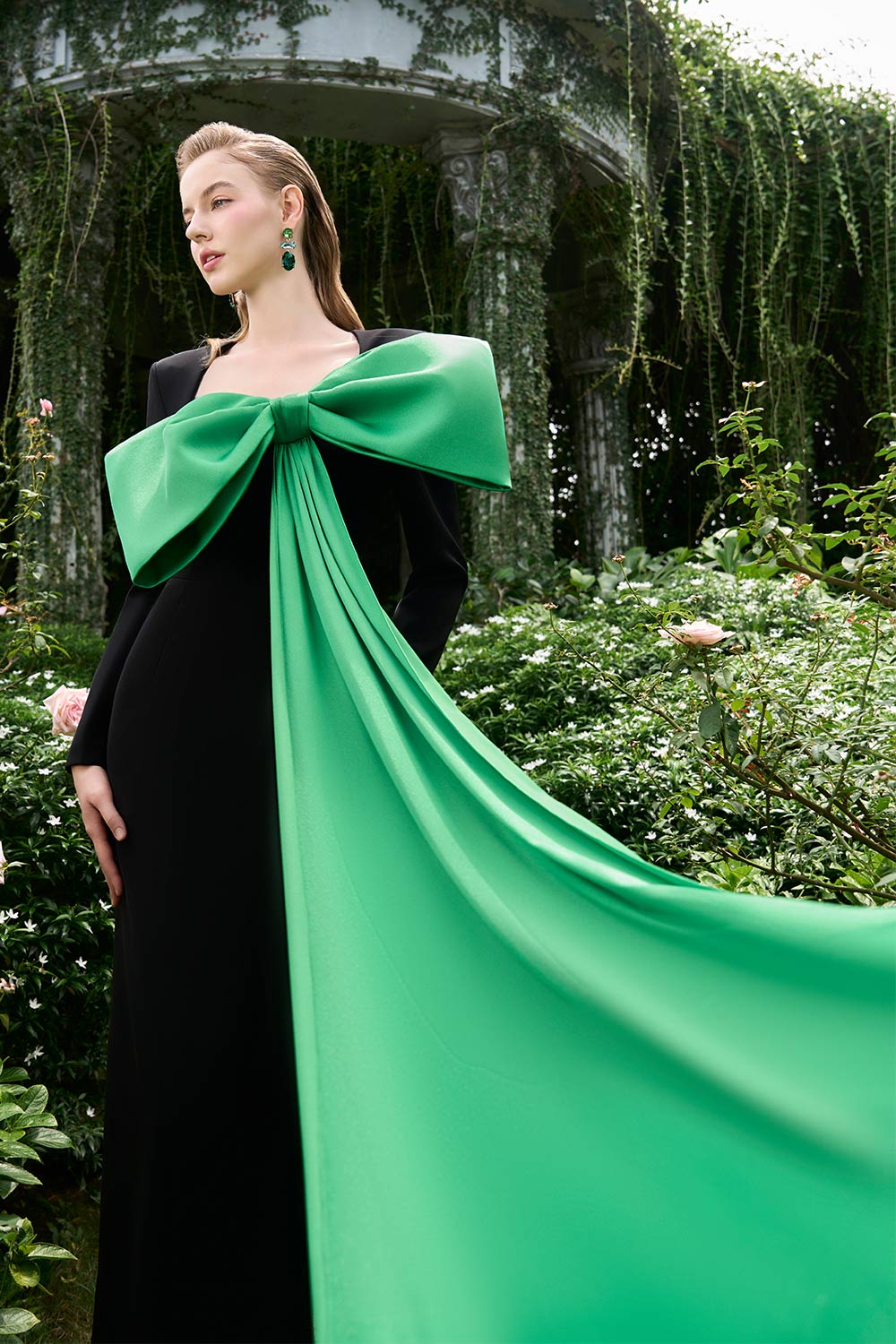 Khloe Sheath Bow Silk Crepe Floor Length Dress