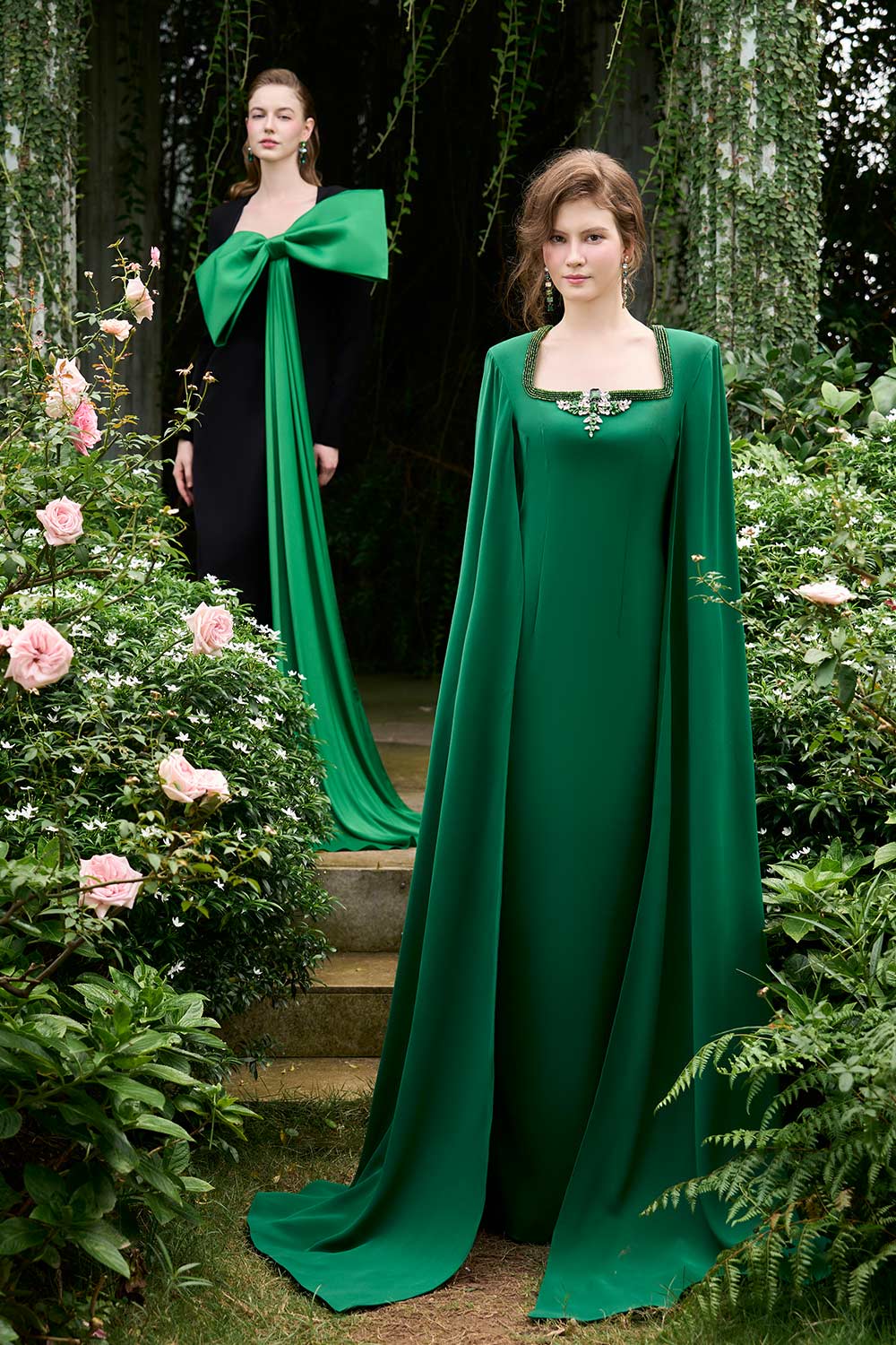 Samara Sheath Cape Sleeved Crepe Floor Length Dress