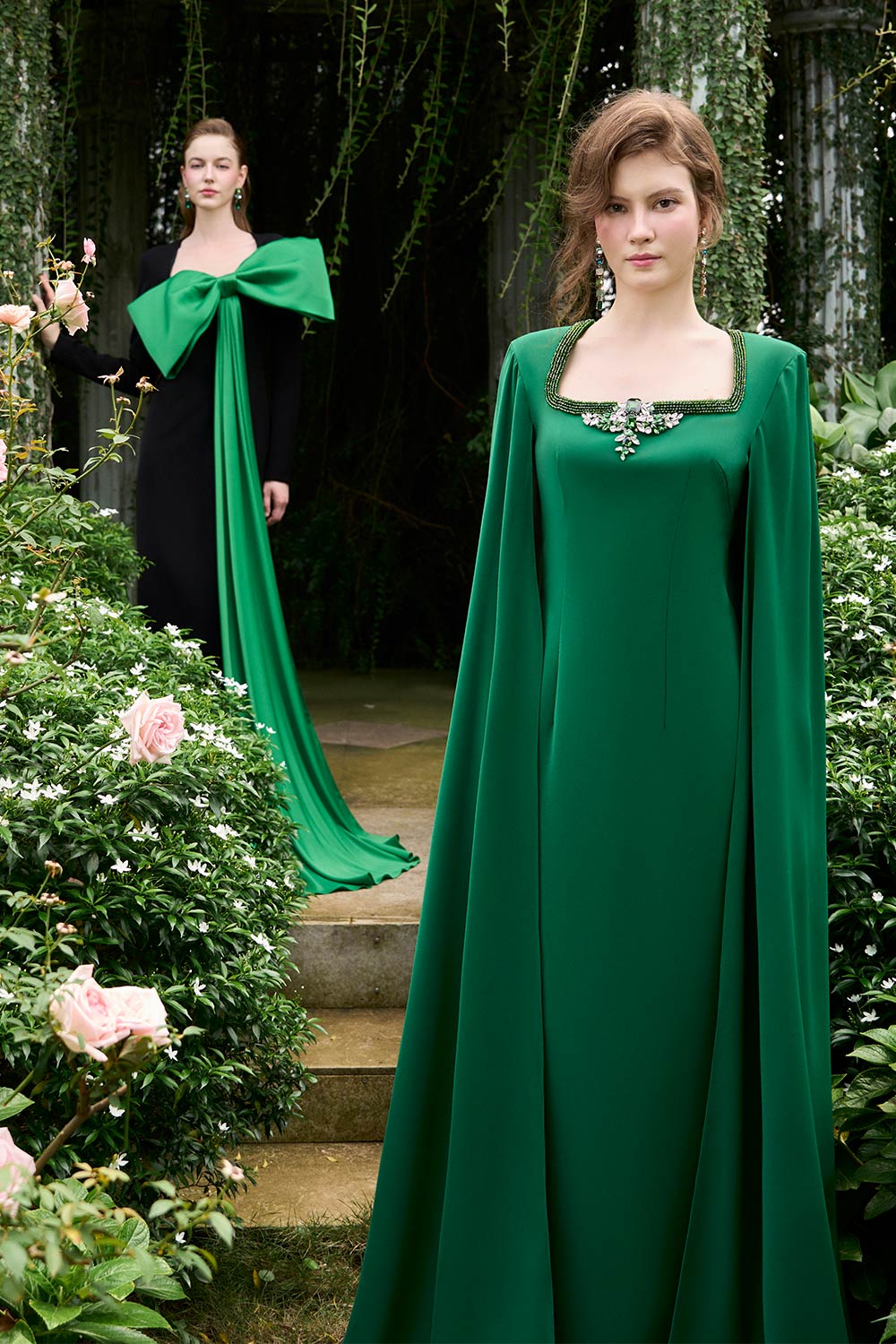 Samara Sheath Cape Sleeved Crepe Floor Length Dress