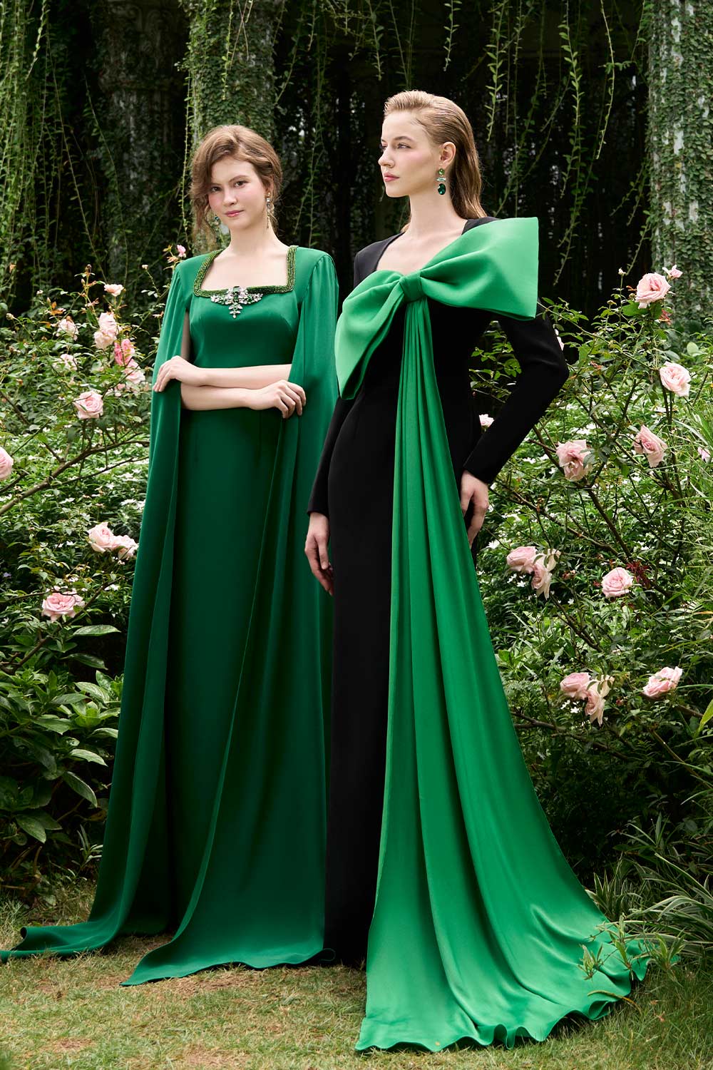 Samara Sheath Cape Sleeved Crepe Floor Length Dress