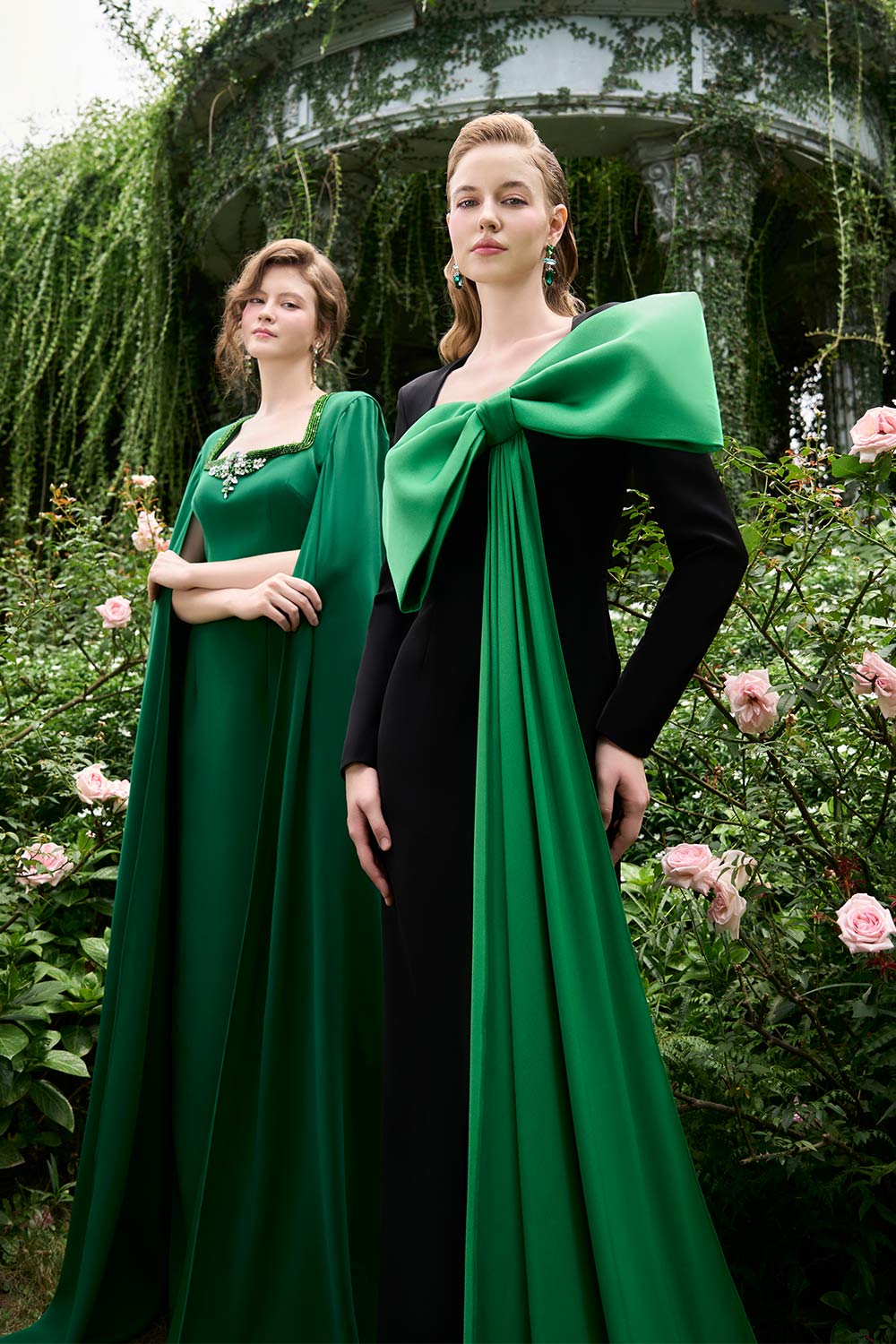 Samara Sheath Cape Sleeved Crepe Floor Length Dress