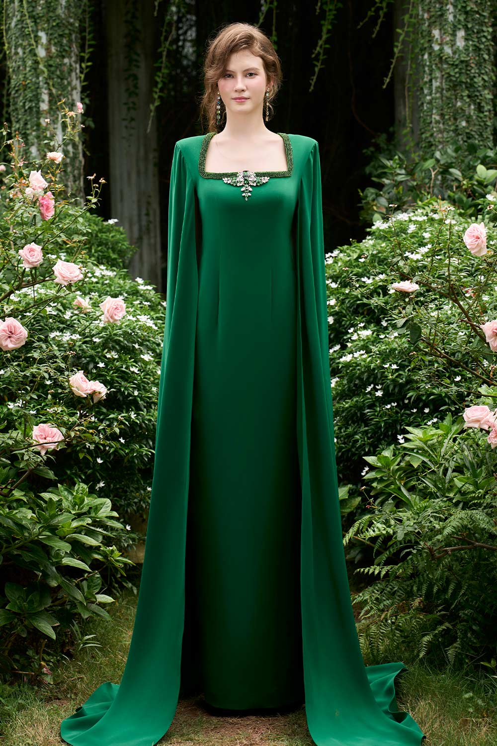 Samara Sheath Cape Sleeved Crepe Floor Length Dress