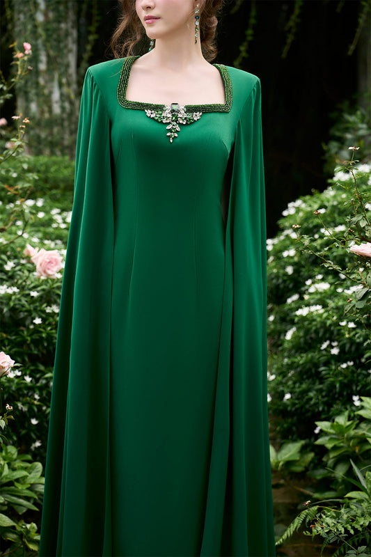 Samara Sheath Cape Sleeved Crepe Floor Length Dress