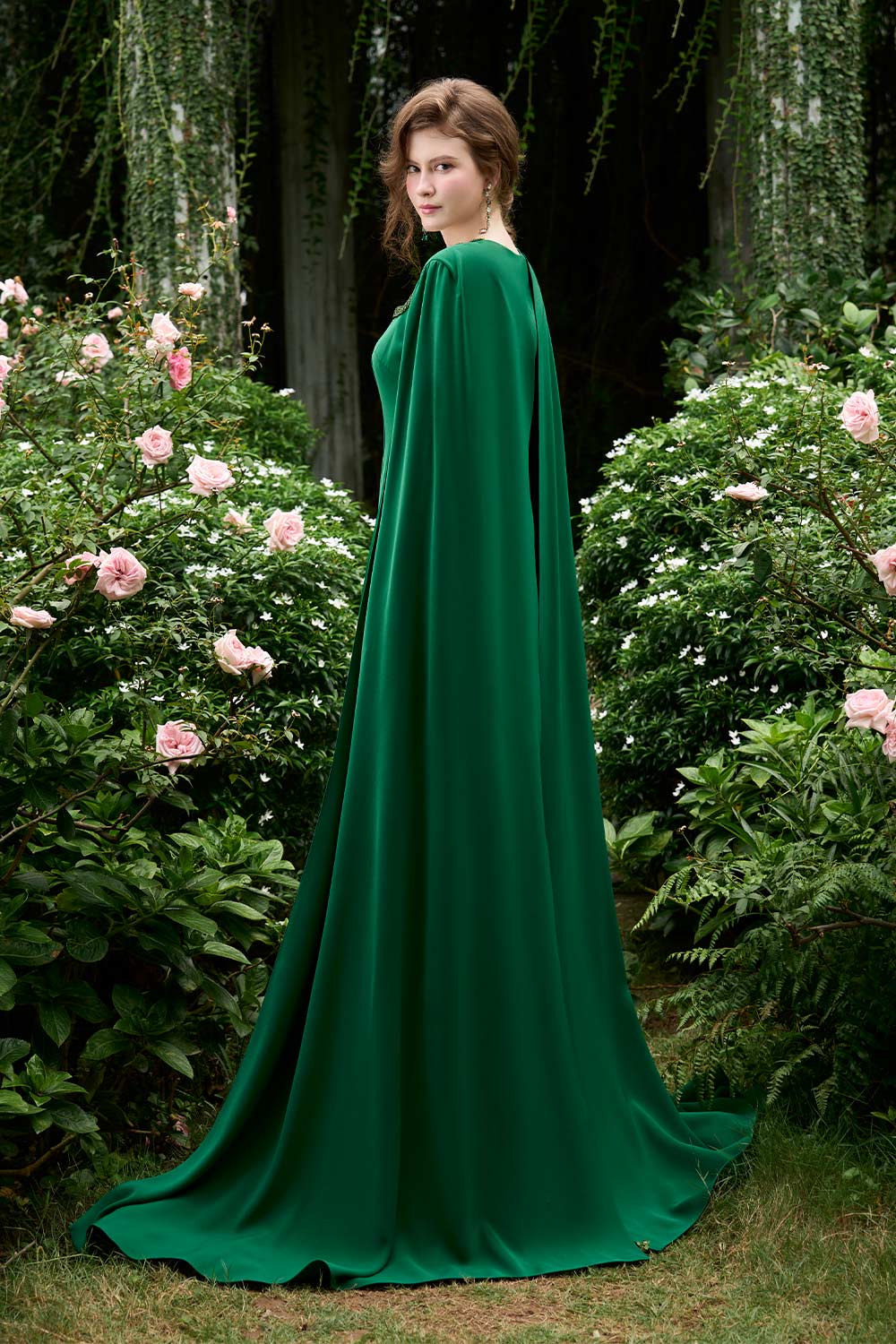 Samara Sheath Cape Sleeved Crepe Floor Length Dress