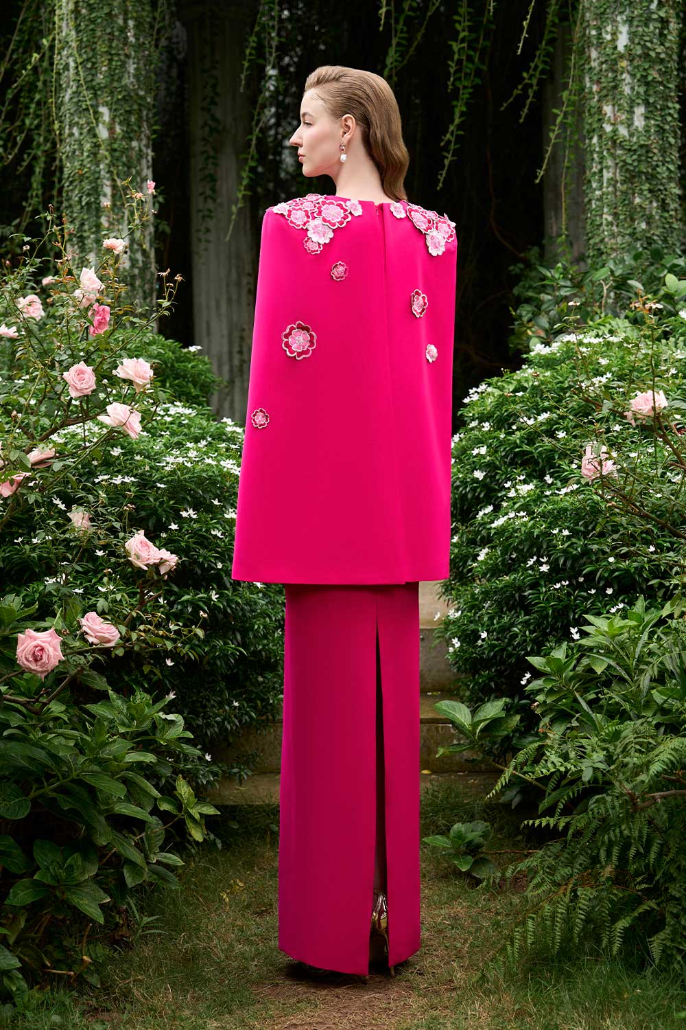 Anne Sheath Cape Sleeved Crepe Floor Length Dress