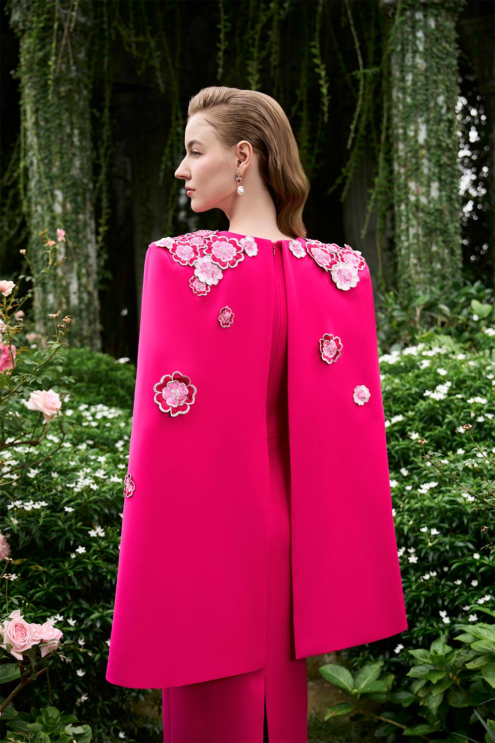 Anne Sheath Cape Sleeved Crepe Floor Length Dress