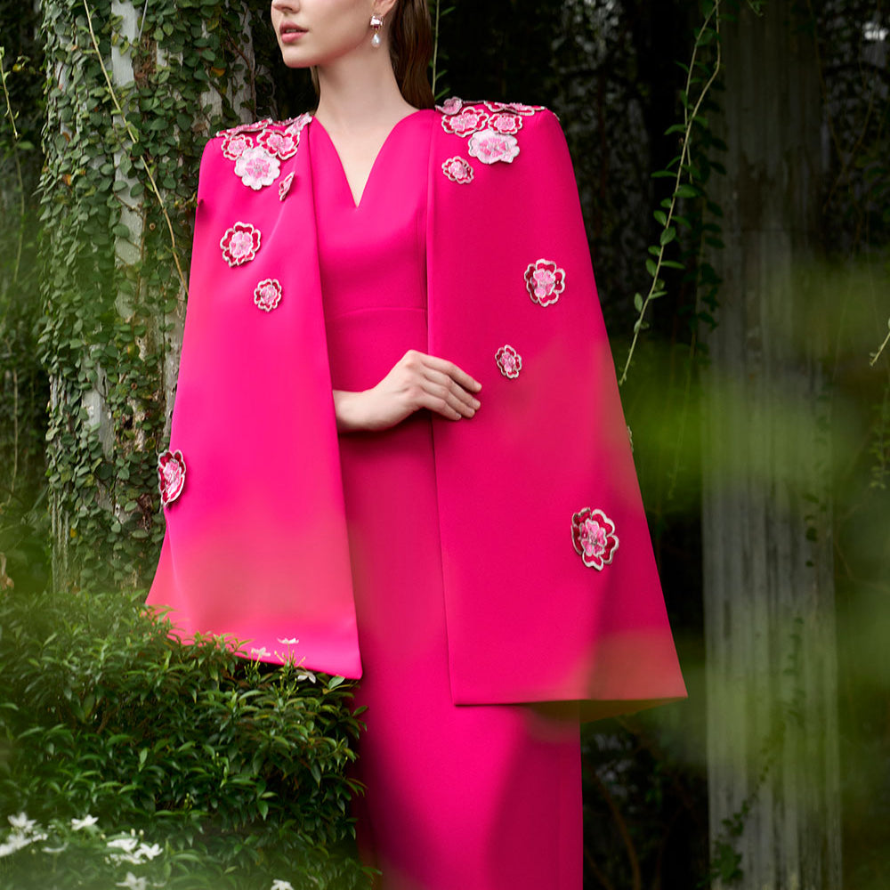 Anne Sheath Cape Sleeved Crepe Floor Length Dress