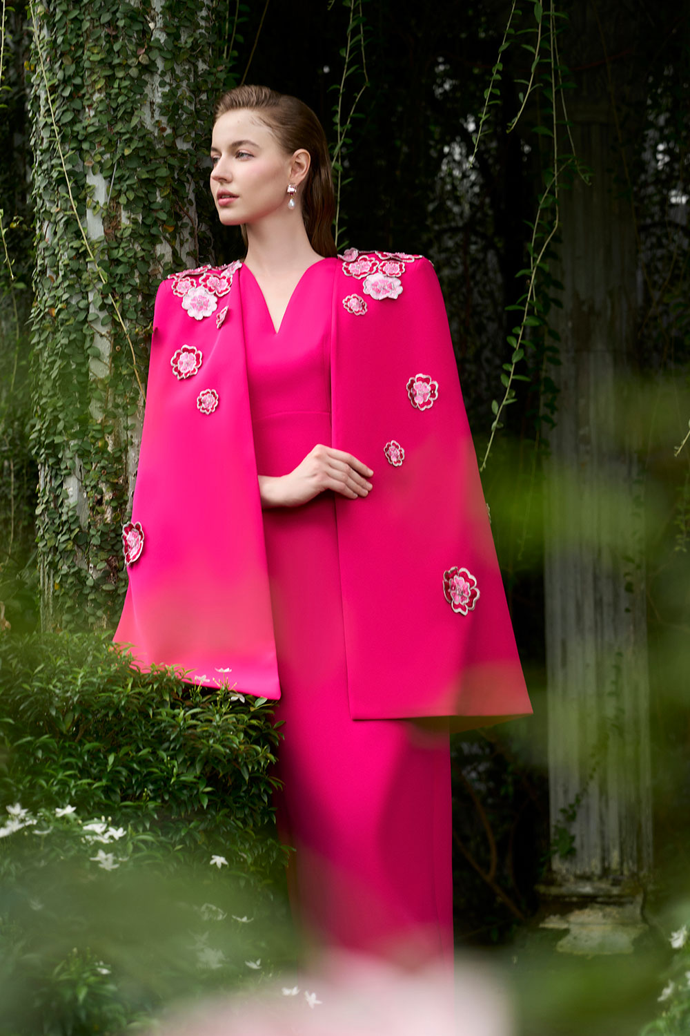 Anne Sheath Cape Sleeved Crepe Floor Length Dress