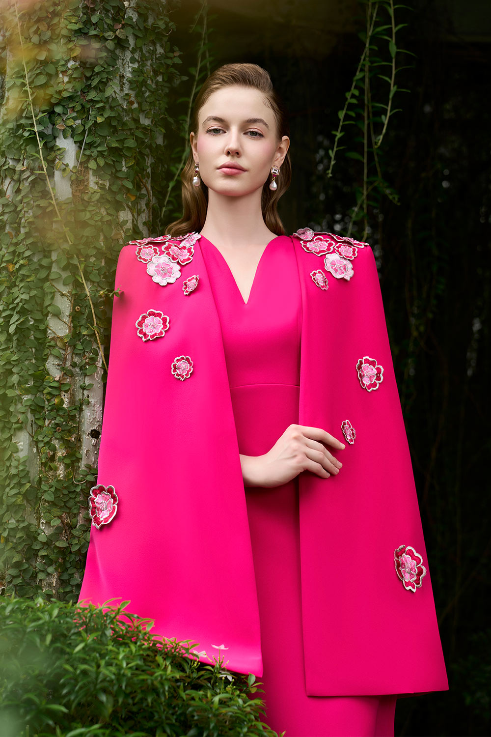 Anne Sheath Cape Sleeved Crepe Floor Length Dress