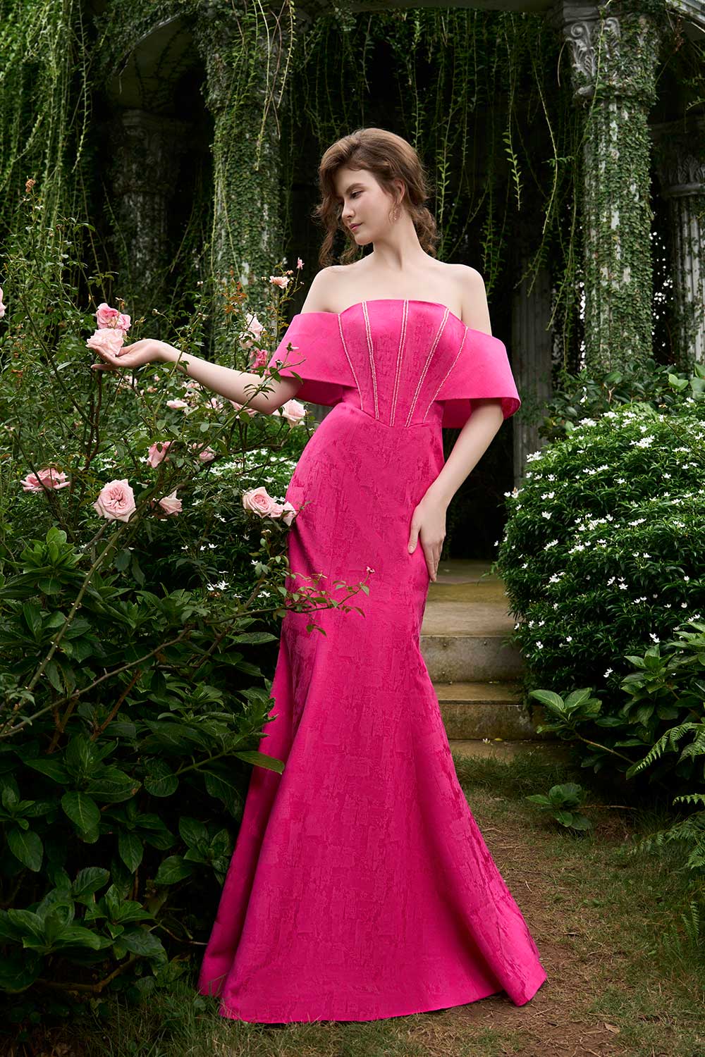 Shiloh Trumpet Corset Brocade Floor Length Dress