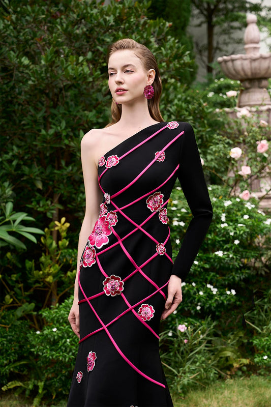 Lyanna Mermaid Asymmetric Sleeved Silk Crepe Floor Length Dress