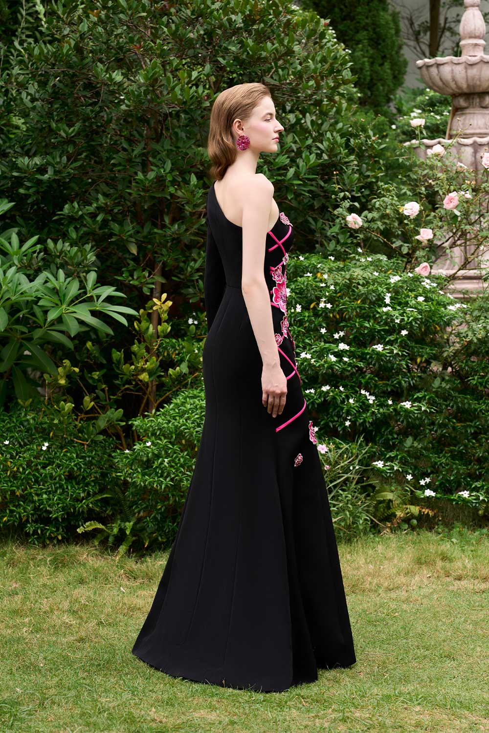 Lyanna Mermaid Asymmetric Sleeved Silk Crepe Floor Length Dress