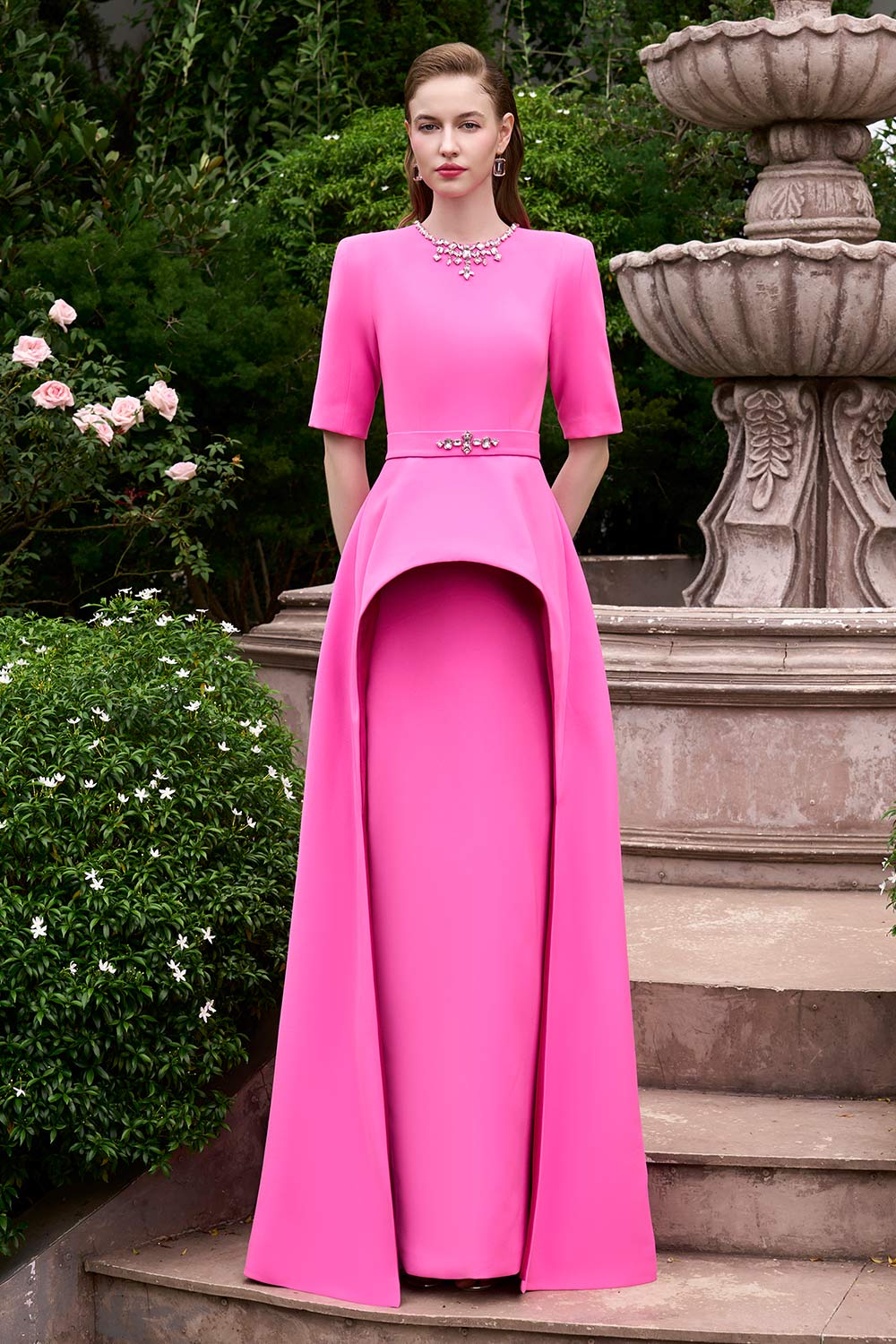 Soraya Peplum Middle Sleeved Crepe Floor Length Dress