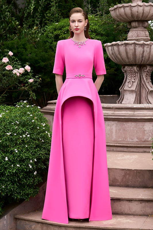 Soraya Peplum Middle Sleeved Crepe Floor Length Dress