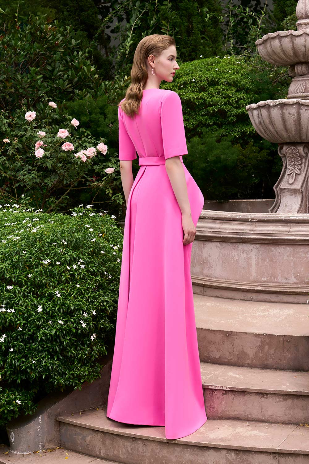 Soraya Peplum Middle Sleeved Crepe Floor Length Dress